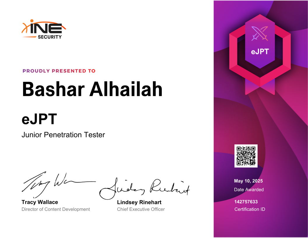Bashar Alhailah — eJPT (Junior Penetration Tester)