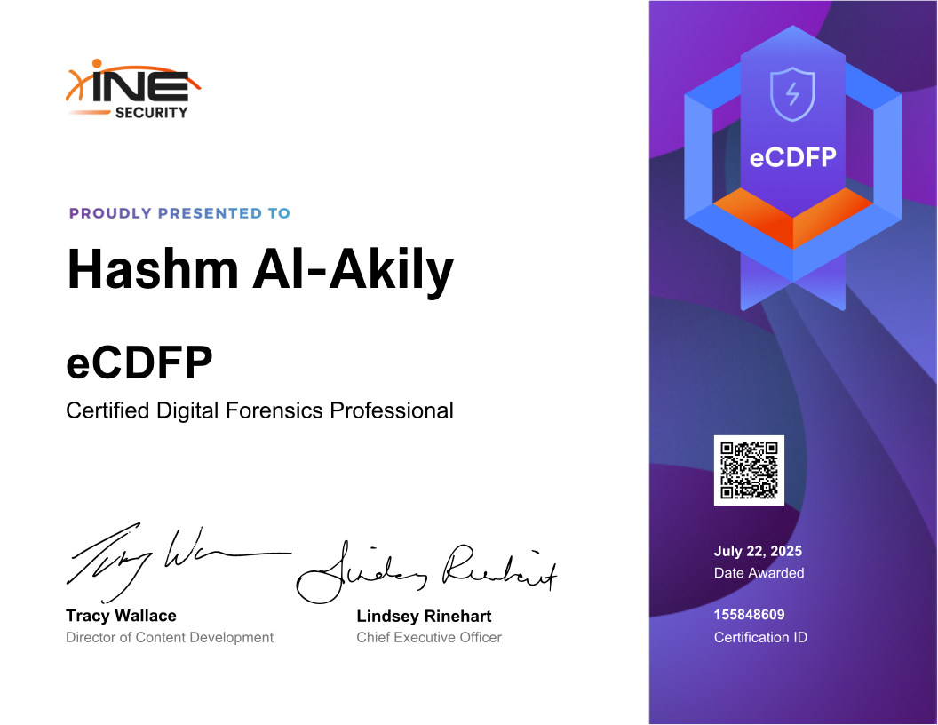 Hashm Al-Akily — eCDFP (Certified Digital Forensics Professional)