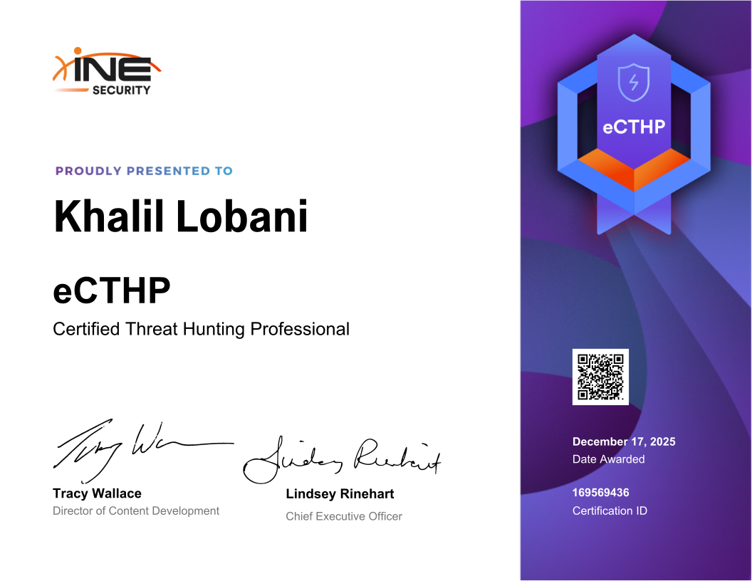 Khalil Lobani — eCTHP (Certified Threat Hunting Professional)