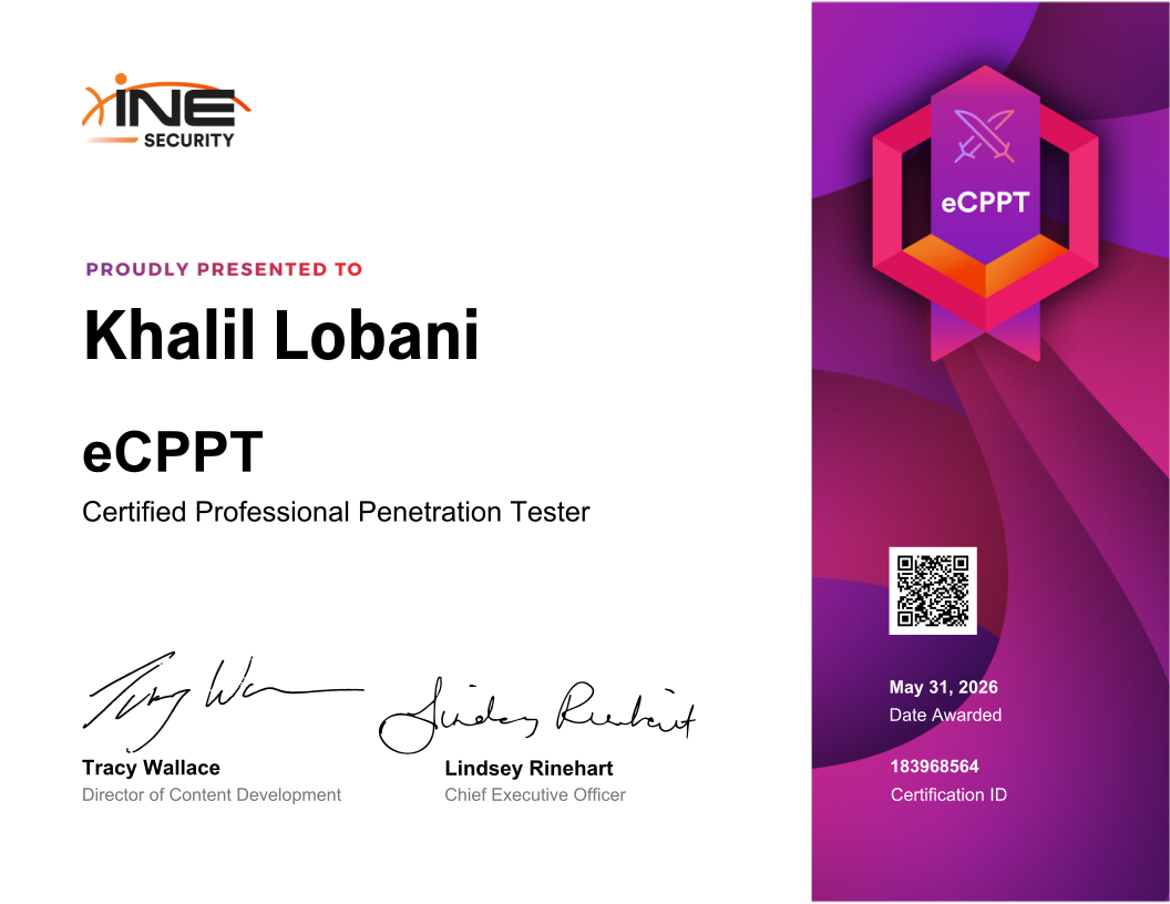 Khalil Lobani — eCPPT (Certified Professional Penetration Tester)