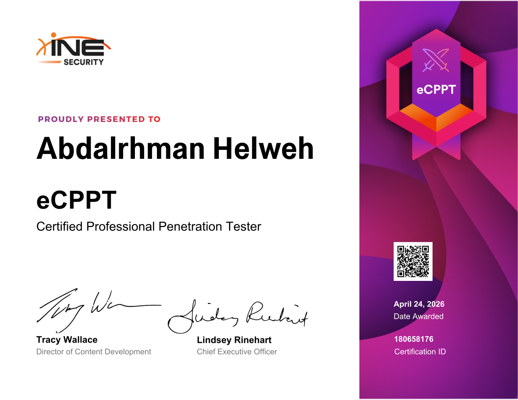 Abdalrhman Helweh — eCPPT (Certified Professional Penetration Tester)