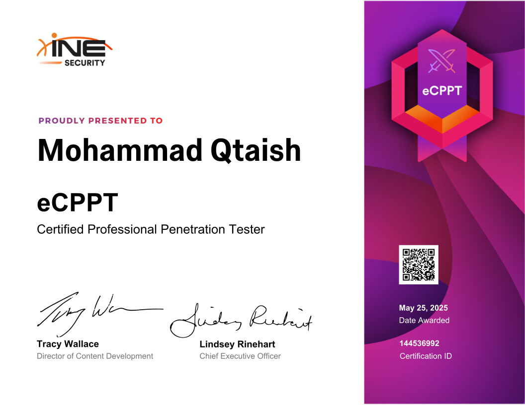 Mohammad Qtaish — eCPPT (Certified Professional Penetration Tester)