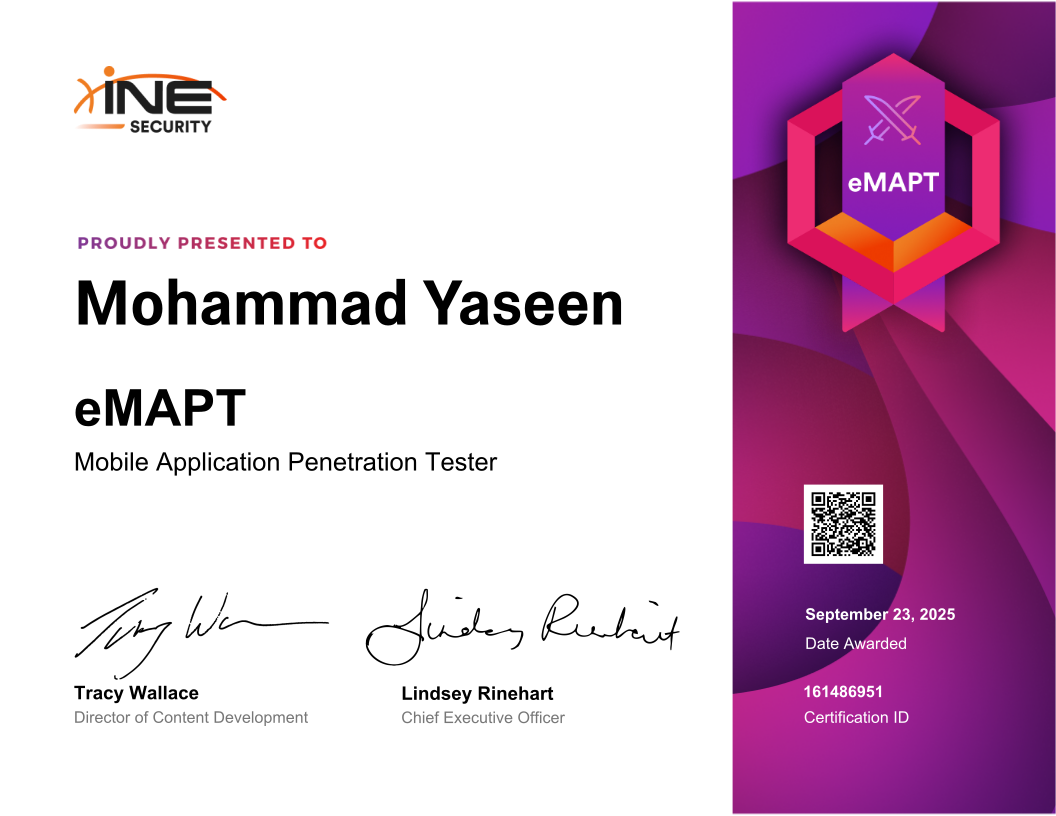 Mohammad Yaseen — eMAPT (Mobile Application Penetration Tester)