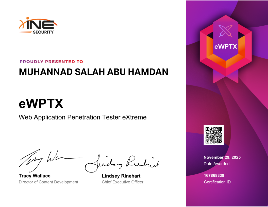 Muhannad Salah Abu Hamdan — eWPTX (Web Application Penetration Tester eXtreme)
