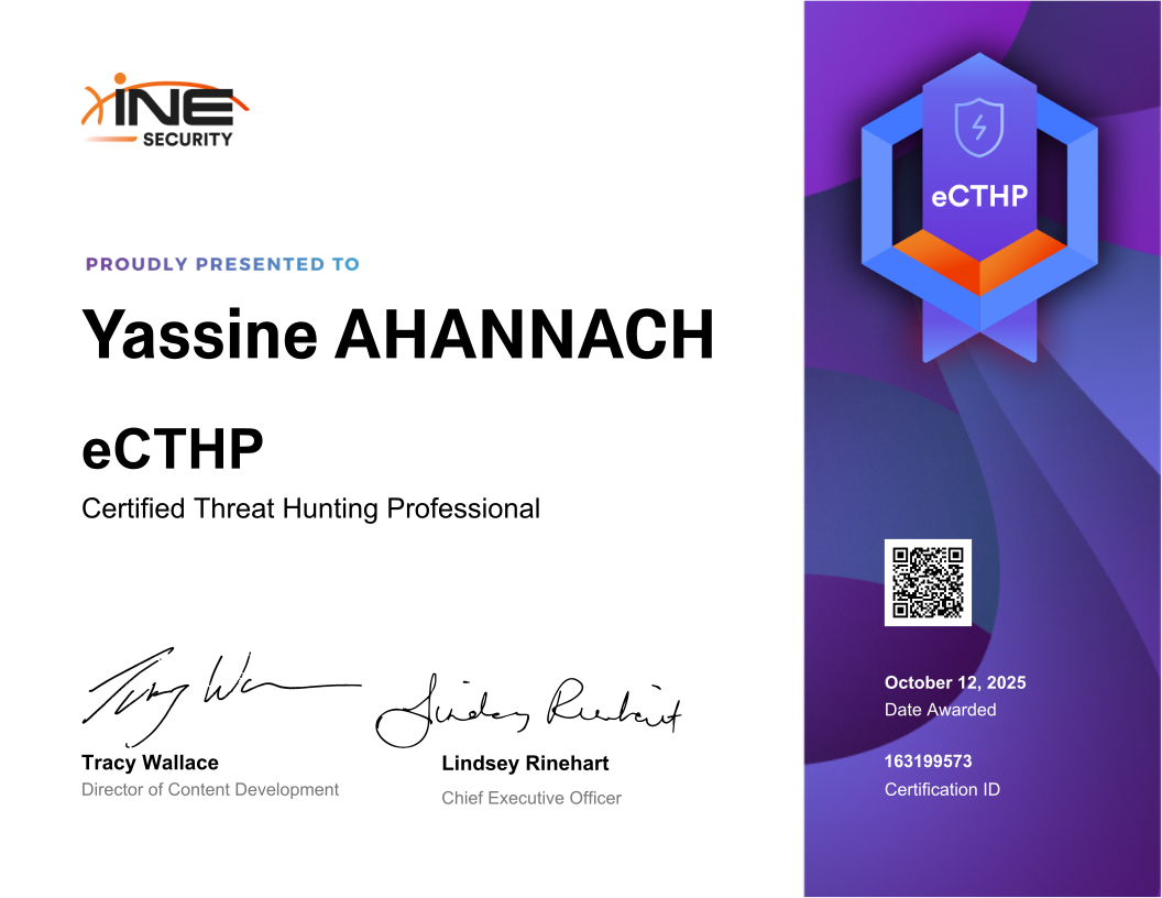 Yassine Ahannach — eCTHP (Certified Threat Hunting Professional)