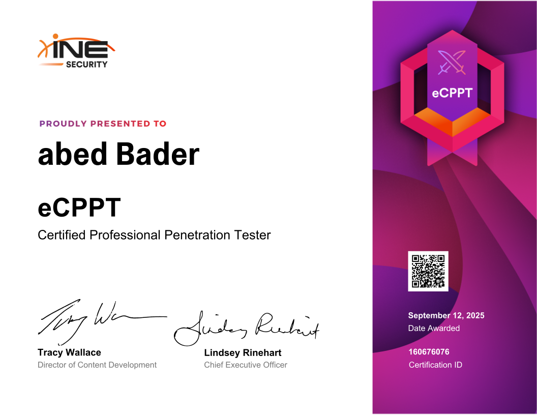 Abed Bader — eCPPT (Certified Professional Penetration Tester)