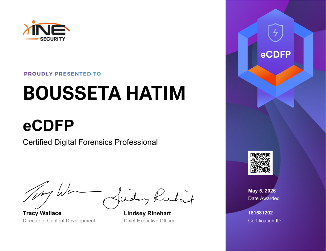 Bousseta Hatim — eCDFP (Certified Digital Forensics Professional)