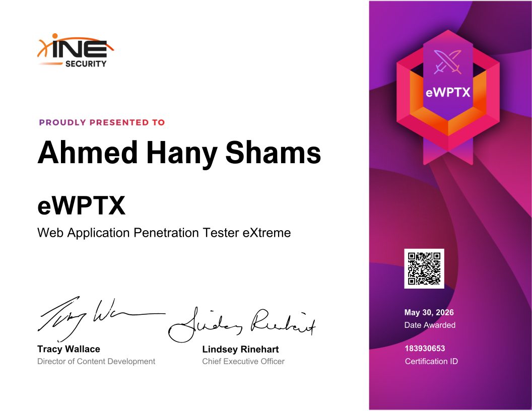 Ahmed Hany Shams — eWPTX (Web Application Penetration Tester eXtreme)