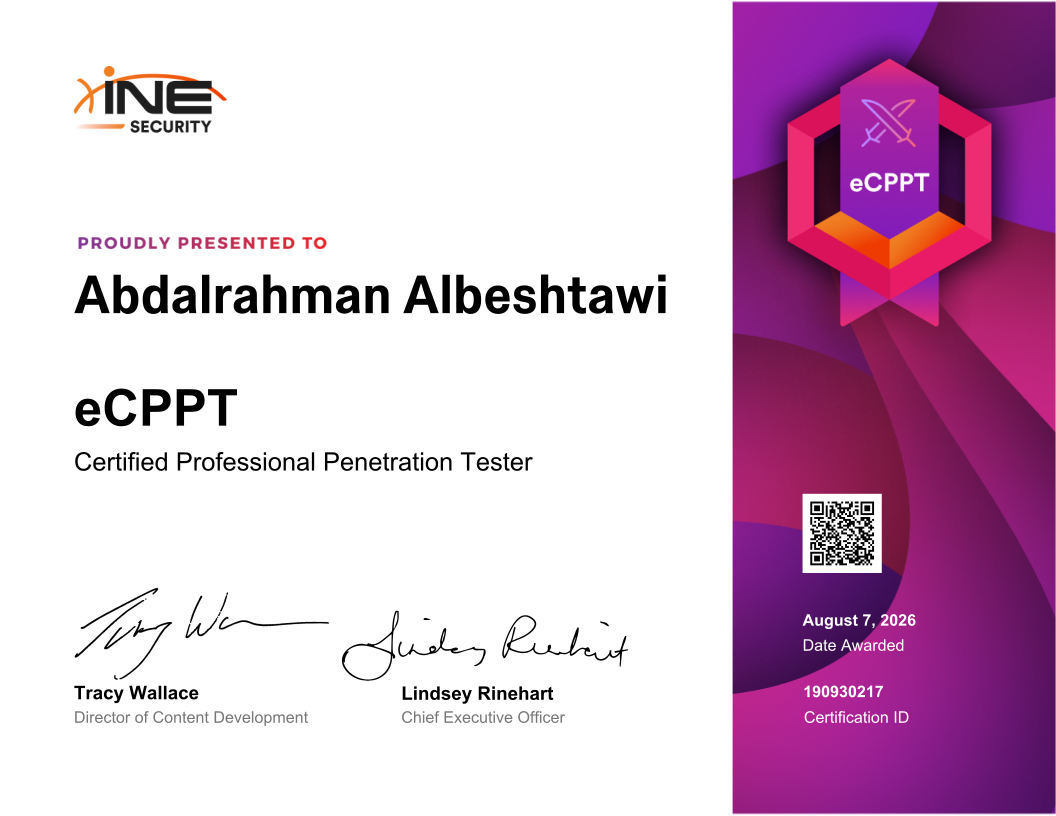 Abdalrahman Albeshtawi — eCPPT (Certified Professional Penetration Tester)
