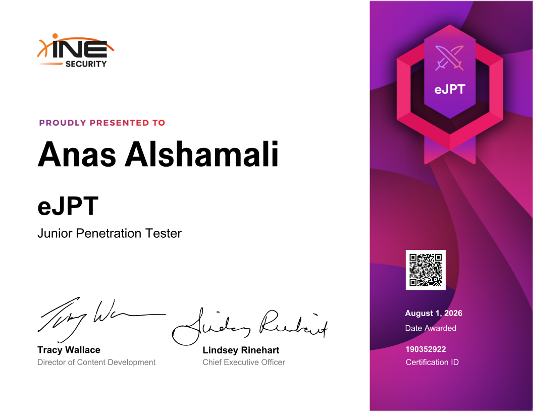 Anas Alshamali — eJPT (Junior Penetration Tester)