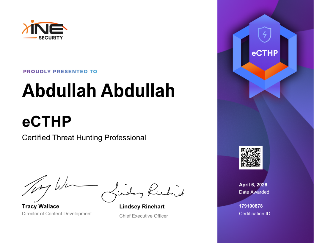 Abdullah Abdullah — eCTHP (Certified Threat Hunting Professional)