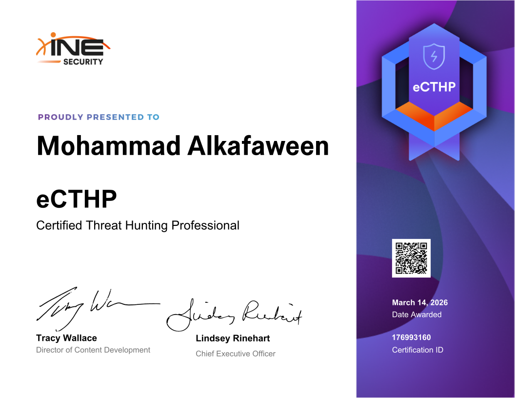 Mohammad Alkafaween — eCTHP (Certified Threat Hunting Professional)