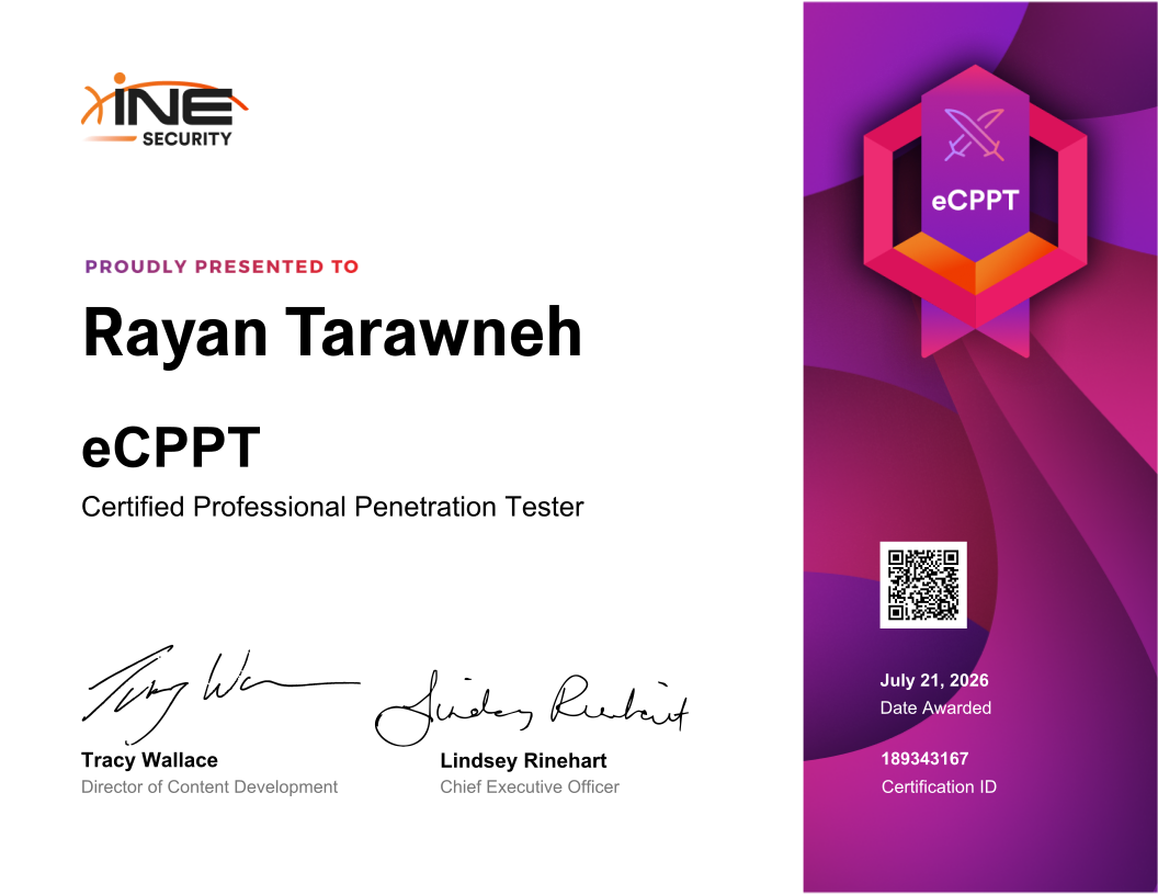 ريان شرف الطراونة — eCPPT (Certified Professional Penetration Tester)