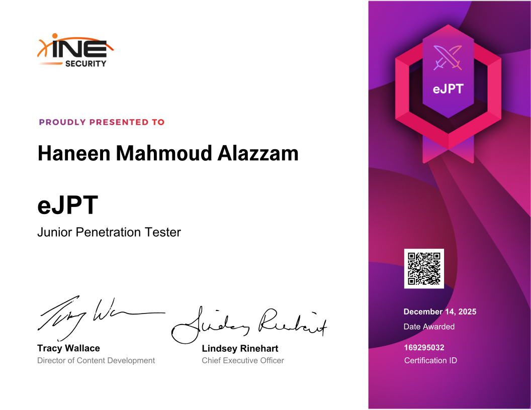 حنين محمود العزام — eJPT (Junior Penetration Tester)