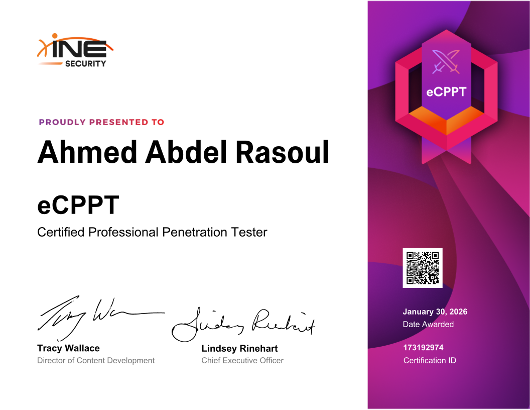 احمد عبد الرسول كامل سليمان — eCPPT (Certified Professional Penetration Tester)