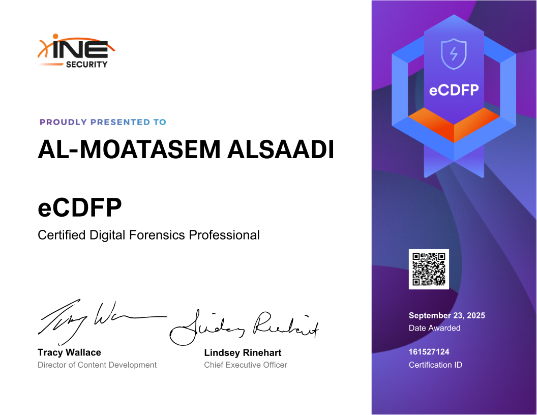 Al-Moatasem Alsaadi — eCDFP (Certified Digital Forensics Professional)