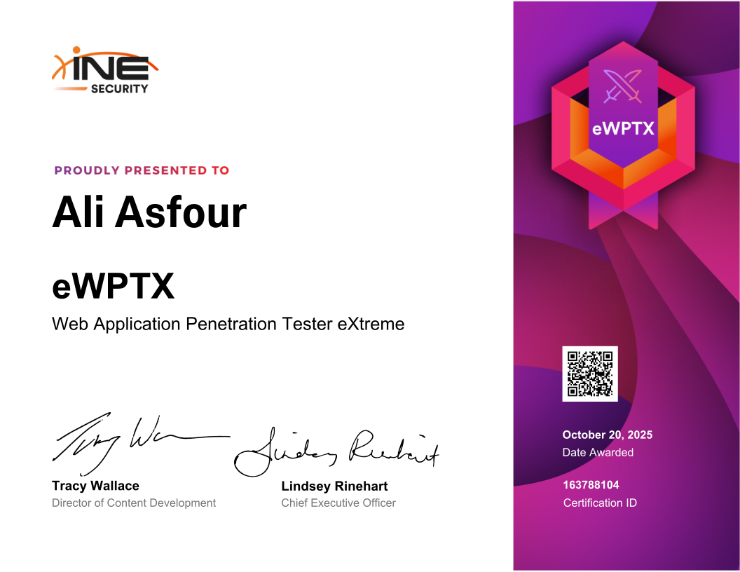 Ali Asfour — eWPTX (Web Application Penetration Tester eXtreme)