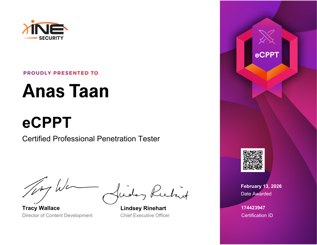Anas Taan — eCPPT (Certified Professional Penetration Tester)